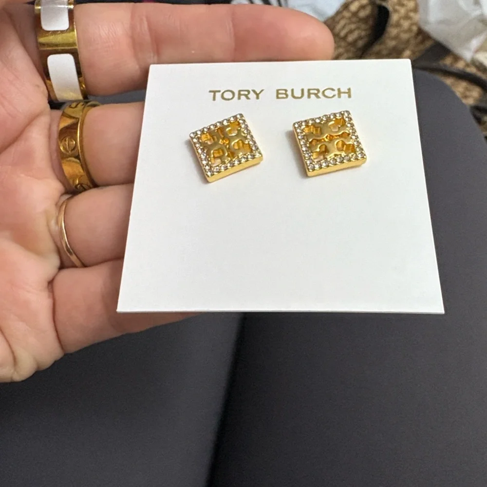 Tory Burch Gold and Crystal Square Earrings
